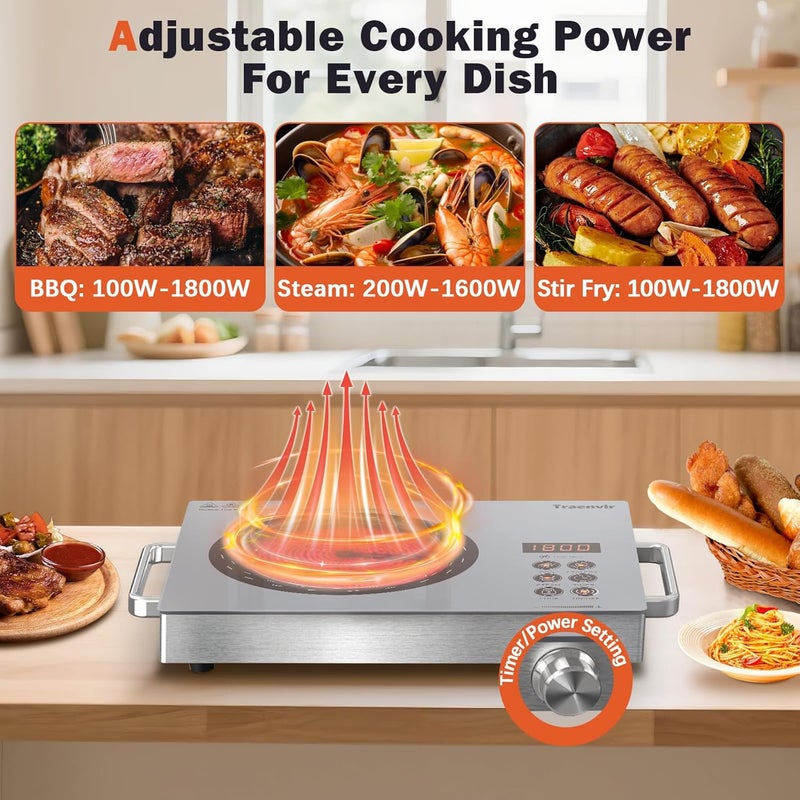Traenvir Single Burner Electric Cooktop, Protable Electric Stove with Handle, Countertop Ceramic Stove top for Camping, Home, RVs, Child Lock, Timer, Steam, BBQ, Stir Fry,110V - 120V Plug in, Grey - Image 3